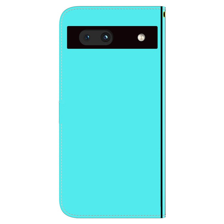 For Google Pixel 7a Mirror-like Surface PU Leather Wallet Phone Case Magnetic Clasp Stand Flip Phone Cover with Strap - Cyan