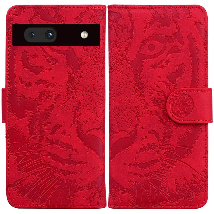 For Google Pixel 7a Tiger Pattern Imprinted Wallet PU Leather Stand Magnetic Clasp Protective Phone Case - Red