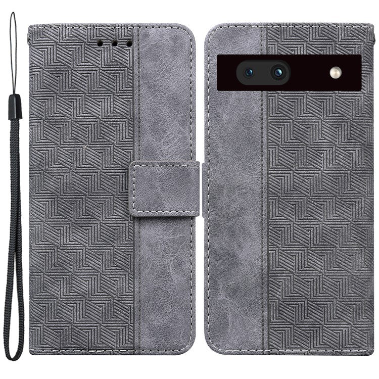 Imprinted Geometry Pattern Phone Case for Google Pixel 7a, Anti-Scratch PU Leather Magnetic Closure Wallet Stand Phone Cover - Grey