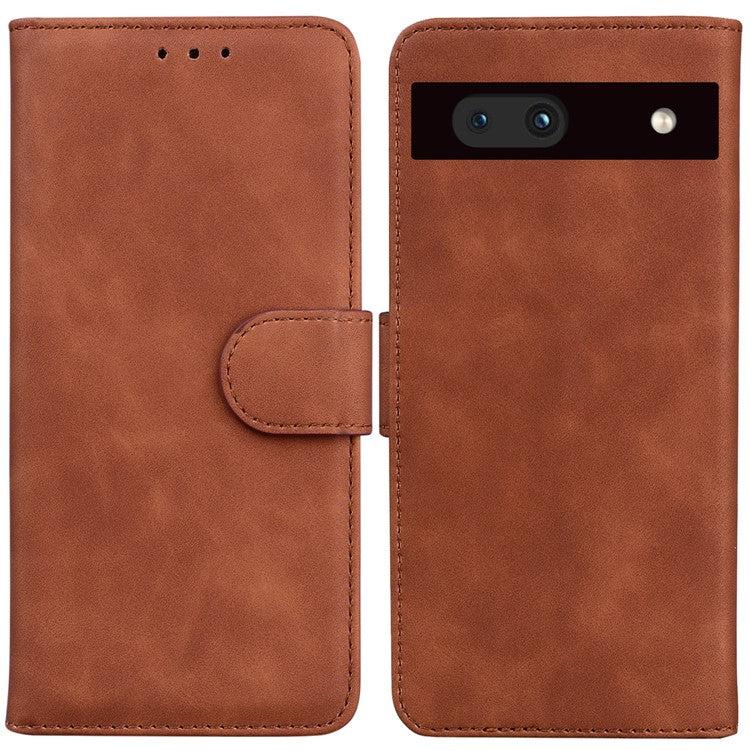 For Google Pixel 7a Drop Protection PU Leather Wallet Case Solid Color Shockproof Phone Stand Cover - Brown