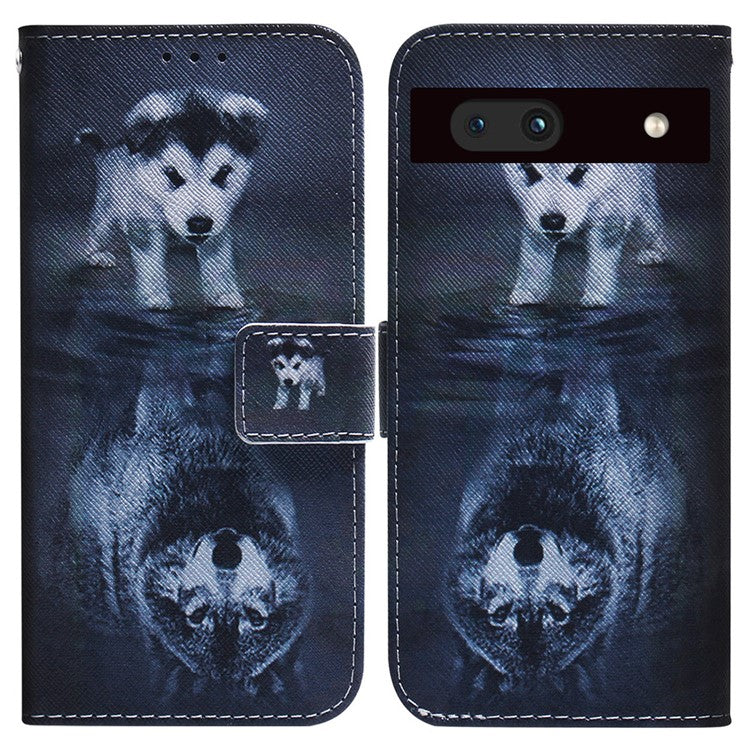For Google Pixel 7a PU Leather Folio Wallet Case Pattern Printing Stand Magnetic Closure Phone Cover - Dog and Wolf