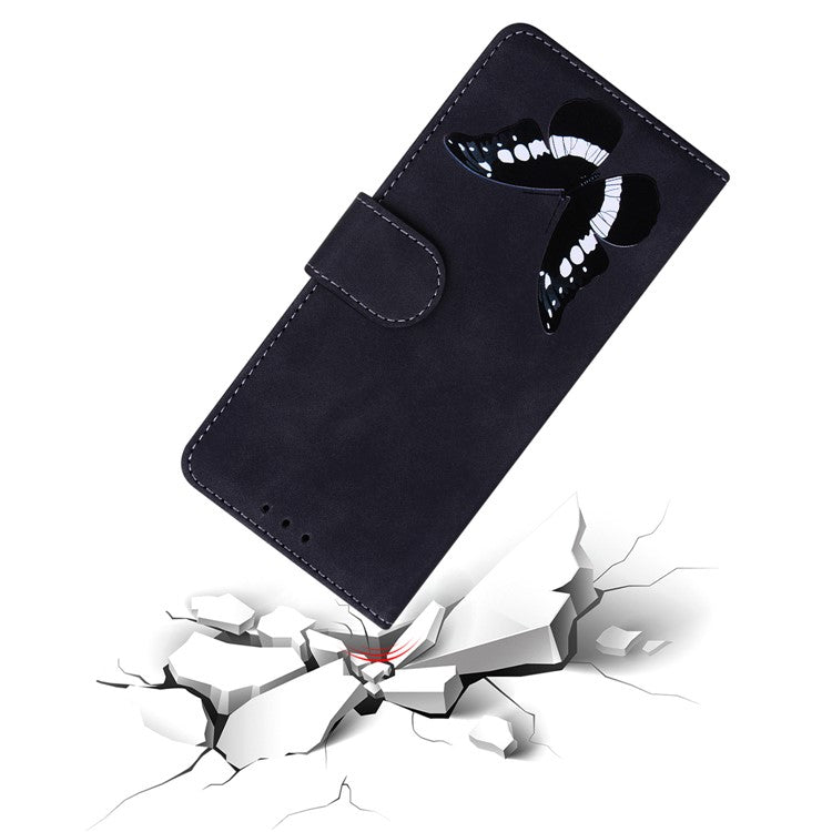 For Google Pixel 7a Skin-touch Feeling Phone Shell Big Butterfly Pattern Printing Wallet PU Leather Stand Cover Case - Black
