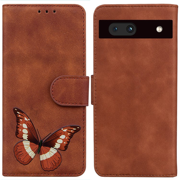 For Google Pixel 7a Skin-touch Feeling Phone Shell Big Butterfly Pattern Printing Wallet PU Leather Stand Cover Case - Brown