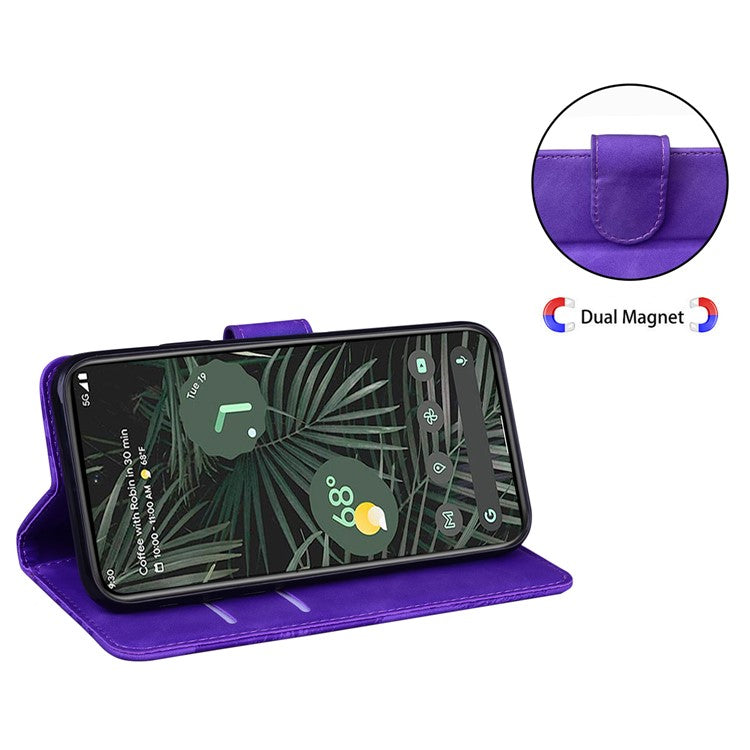 For Google Pixel 7a Skin-touch Feeling Phone Shell Big Butterfly Pattern Printing Wallet PU Leather Stand Cover Case - Purple