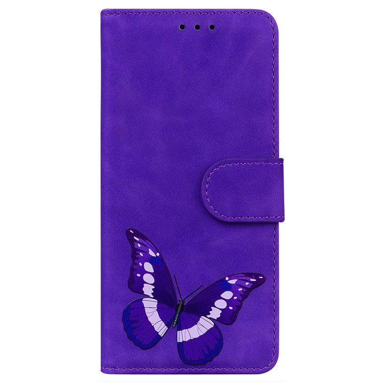 For Google Pixel 7a Skin-touch Feeling Phone Shell Big Butterfly Pattern Printing Wallet PU Leather Stand Cover Case - Purple