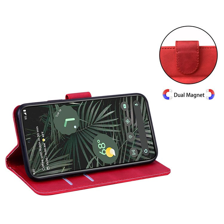 For Google Pixel 7a Skin-touch Feeling Phone Shell Big Butterfly Pattern Printing Wallet PU Leather Stand Cover Case - Red