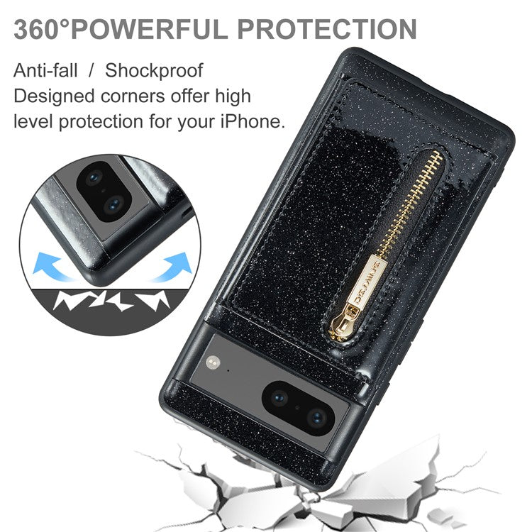 DG.MING M3 Series For Google Pixel 7 5G Magnetic Detachable Glitter Bling Powder PU Leather Phone Cover Wallet Kickstand Shockproof Phone Case - Black