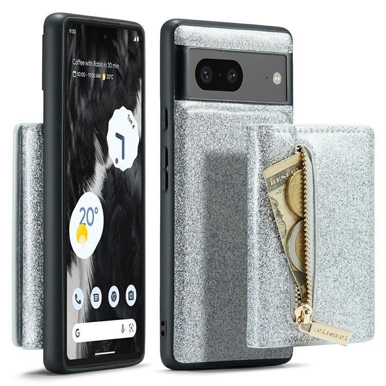 DG.MING M3 Series For Google Pixel 7 5G Magnetic Detachable Glitter Bling Powder PU Leather Phone Cover Wallet Kickstand Shockproof Phone Case - Silver