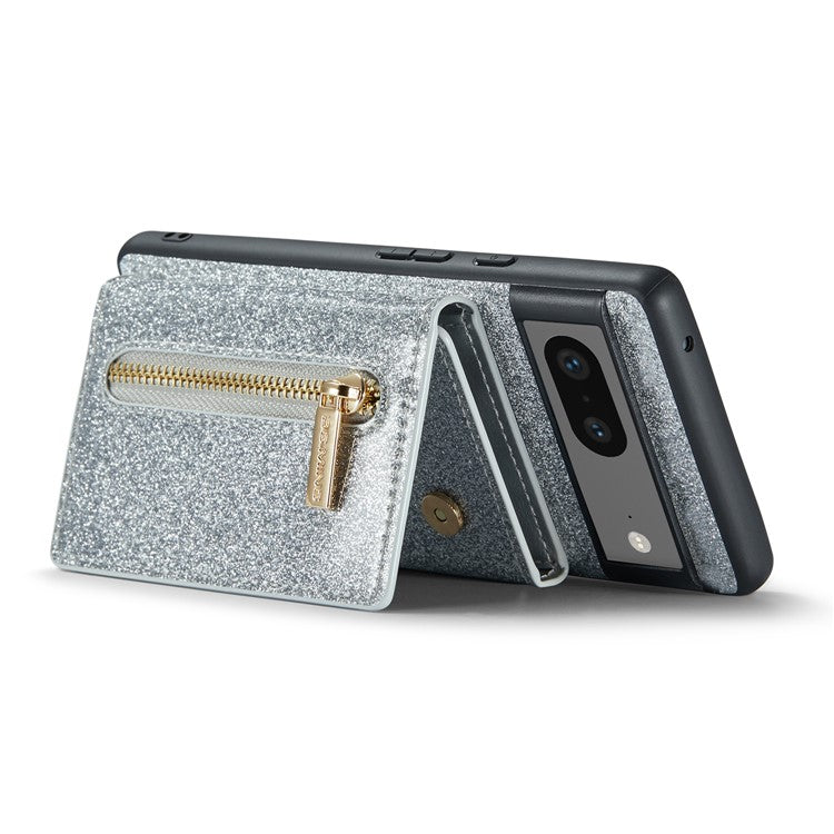 DG.MING M3 Series For Google Pixel 7 5G Magnetic Detachable Glitter Bling Powder PU Leather Phone Cover Wallet Kickstand Shockproof Phone Case - Silver