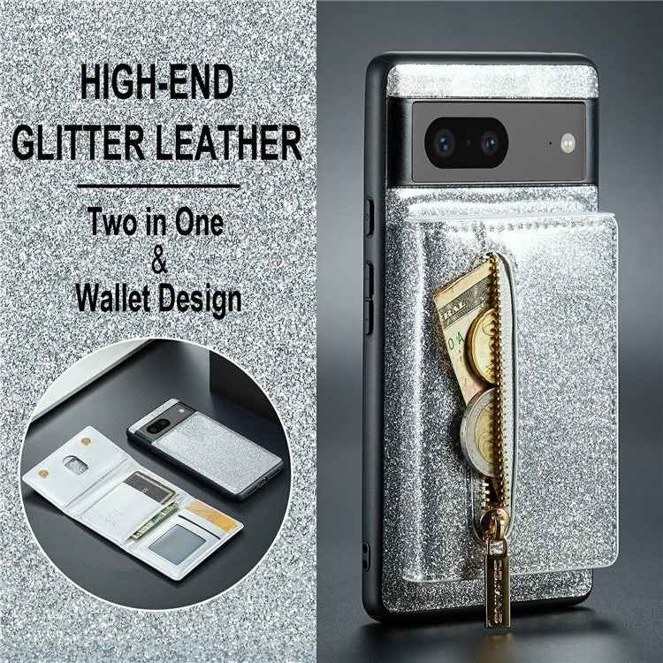DG.MING M3 Series For Google Pixel 7 5G Magnetic Detachable Glitter Bling Powder PU Leather Phone Cover Wallet Kickstand Shockproof Phone Case - Silver