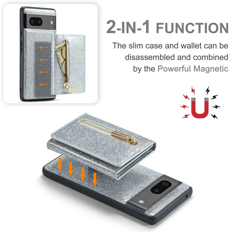 DG.MING M3 Series For Google Pixel 7 5G Magnetic Detachable Glitter Bling Powder PU Leather Phone Cover Wallet Kickstand Shockproof Phone Case - Silver