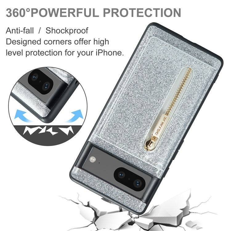 DG.MING M3 Series For Google Pixel 7 5G Magnetic Detachable Glitter Bling Powder PU Leather Phone Cover Wallet Kickstand Shockproof Phone Case - Silver