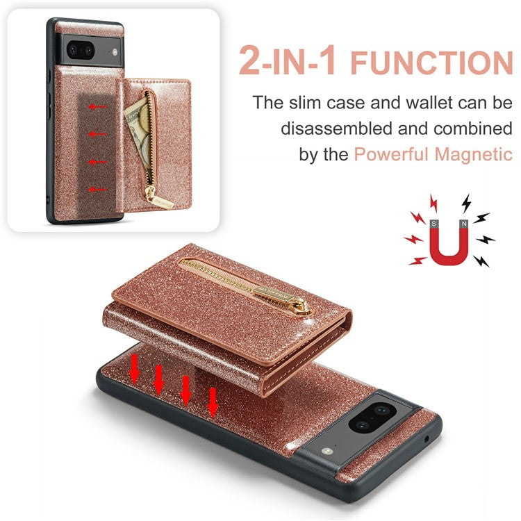DG.MING M3 Series For Google Pixel 7 5G Magnetic Detachable Glitter Bling Powder PU Leather Phone Cover Wallet Kickstand Shockproof Phone Case - Rose Gold