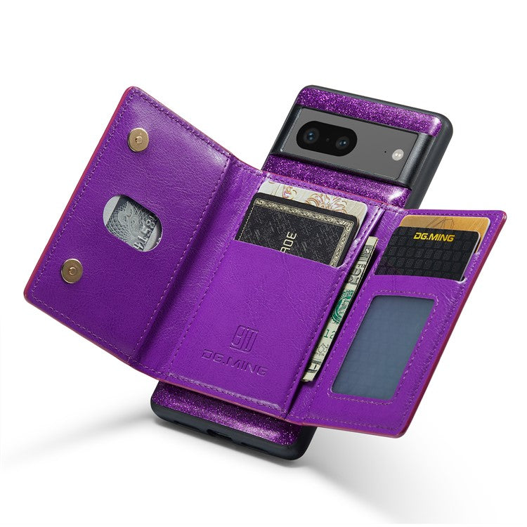 DG.MING M3 Series For Google Pixel 7 5G Magnetic Detachable Glitter Bling Powder PU Leather Phone Cover Wallet Kickstand Shockproof Phone Case - Dark Purple