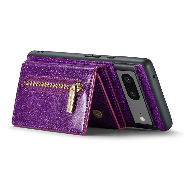 DG.MING M3 Series For Google Pixel 7 5G Magnetic Detachable Glitter Bling Powder PU Leather Phone Cover Wallet Kickstand Shockproof Phone Case - Dark Purple