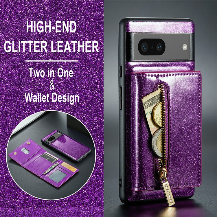 DG.MING M3 Series For Google Pixel 7 5G Magnetic Detachable Glitter Bling Powder PU Leather Phone Cover Wallet Kickstand Shockproof Phone Case - Dark Purple