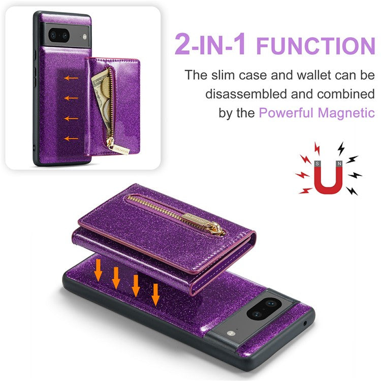 DG.MING M3 Series For Google Pixel 7 5G Magnetic Detachable Glitter Bling Powder PU Leather Phone Cover Wallet Kickstand Shockproof Phone Case - Dark Purple