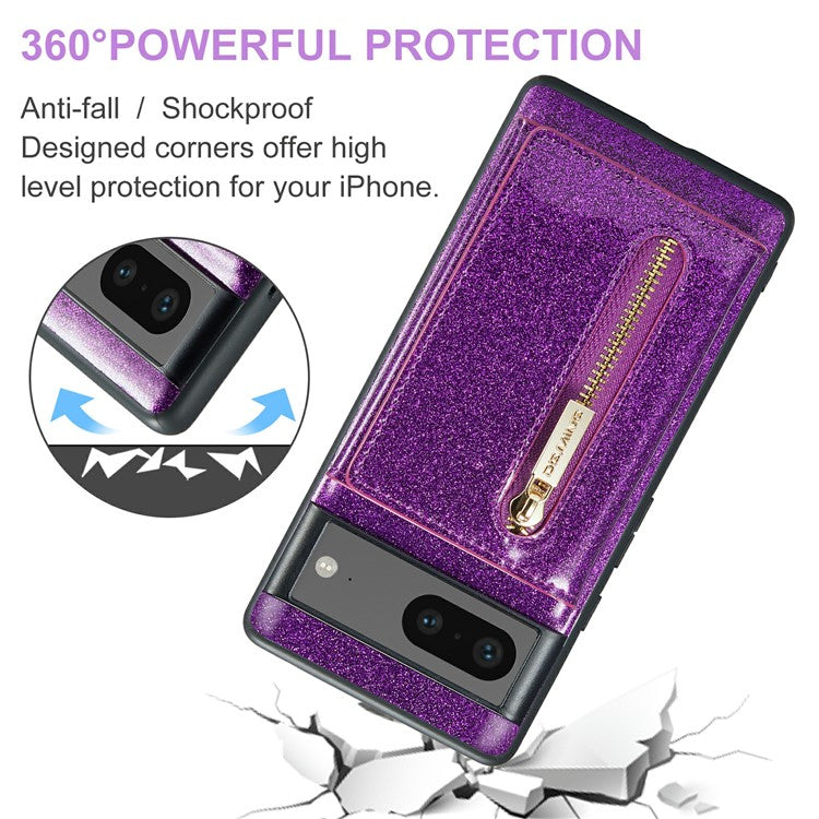 DG.MING M3 Series For Google Pixel 7 5G Magnetic Detachable Glitter Bling Powder PU Leather Phone Cover Wallet Kickstand Shockproof Phone Case - Dark Purple