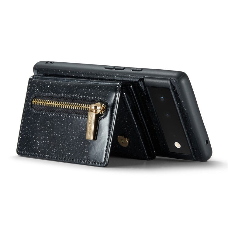 DG.MING M3 Series For Google Pixel 6a Glitter Bling Powder PU Leather Anti-scratch Magnetic Phone Cover PC+TPU Kickstand Zipper Pocket Wallet Smartphone Case - Black