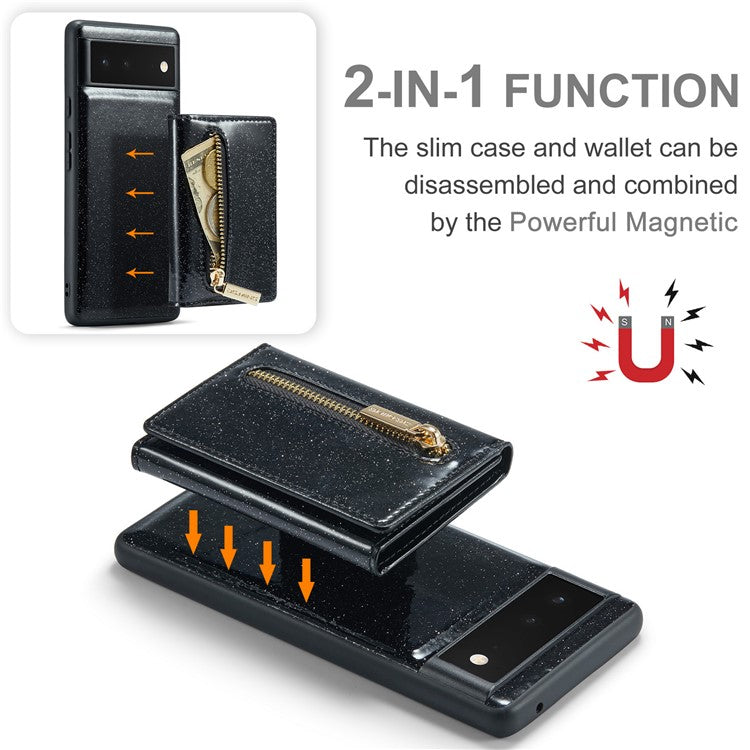 DG.MING M3 Series For Google Pixel 6a Glitter Bling Powder PU Leather Anti-scratch Magnetic Phone Cover PC+TPU Kickstand Zipper Pocket Wallet Smartphone Case - Black