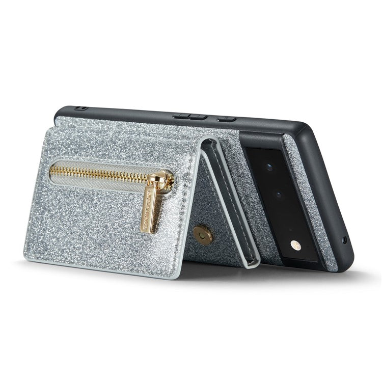 DG.MING M3 Series For Google Pixel 6a Glitter Bling Powder PU Leather Anti-scratch Magnetic Phone Cover PC+TPU Kickstand Zipper Pocket Wallet Smartphone Case - Silver