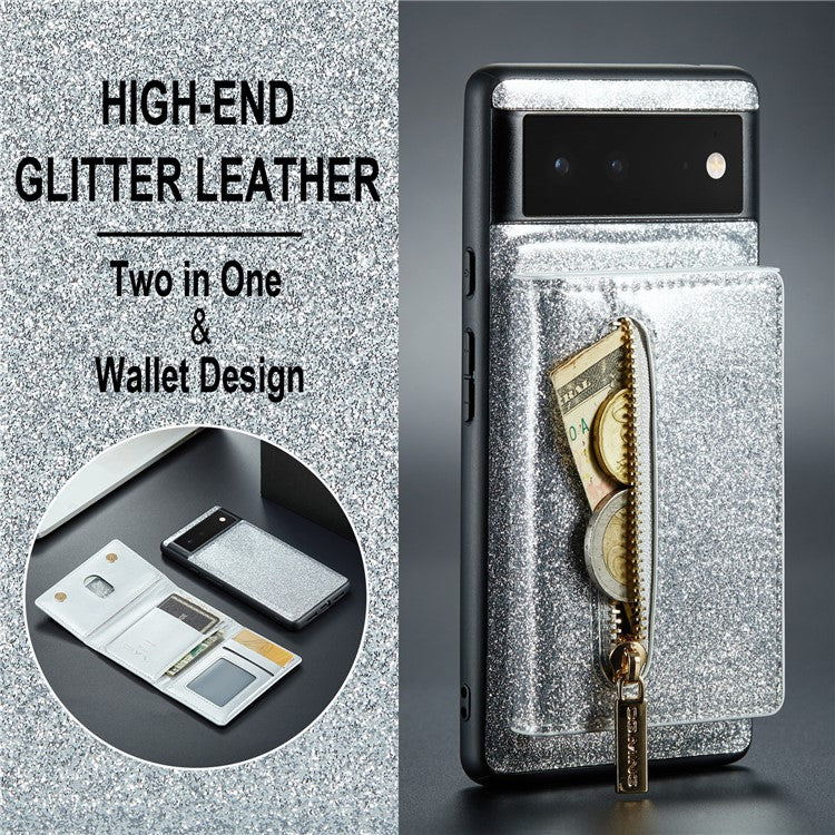 DG.MING M3 Series For Google Pixel 6a Glitter Bling Powder PU Leather Anti-scratch Magnetic Phone Cover PC+TPU Kickstand Zipper Pocket Wallet Smartphone Case - Silver
