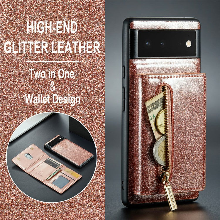 DG.MING M3 Series For Google Pixel 6a Glitter Bling Powder PU Leather Anti-scratch Magnetic Phone Cover PC+TPU Kickstand Zipper Pocket Wallet Smartphone Case - Rose Gold