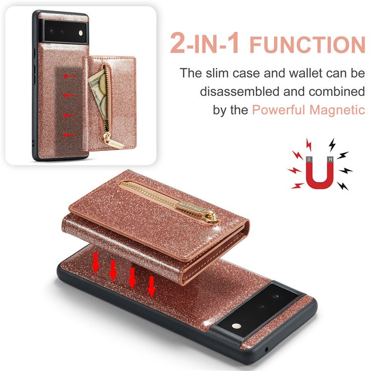 DG.MING M3 Series For Google Pixel 6a Glitter Bling Powder PU Leather Anti-scratch Magnetic Phone Cover PC+TPU Kickstand Zipper Pocket Wallet Smartphone Case - Rose Gold