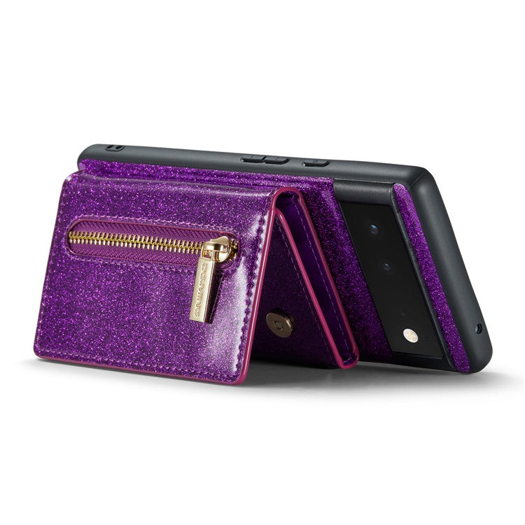 DG.MING M3 Series For Google Pixel 6a Glitter Bling Powder PU Leather Anti-scratch Magnetic Phone Cover PC+TPU Kickstand Zipper Pocket Wallet Smartphone Case - Dark Purple