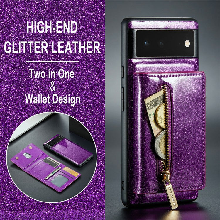DG.MING M3 Series For Google Pixel 6a Glitter Bling Powder PU Leather Anti-scratch Magnetic Phone Cover PC+TPU Kickstand Zipper Pocket Wallet Smartphone Case - Dark Purple