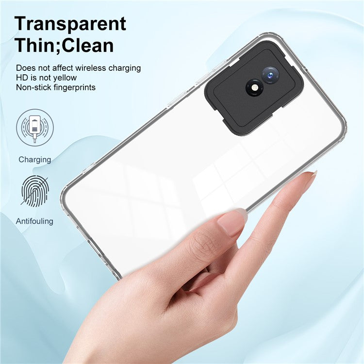 For vivo Y02 4G 3-in-1 Transparent Phone Cover Bump Proof TPU Backplate + PC Frame + PC Camera Ring Phone Hybrid Case - Black