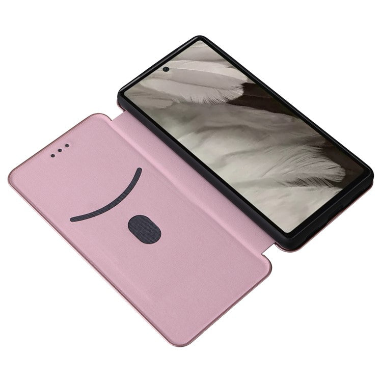 For Google Pixel 7a Carbon Fiber Texture Phone Case Card Slot PU Leather Magnetic Auto-absorbed Stand Cover - Rose Gold