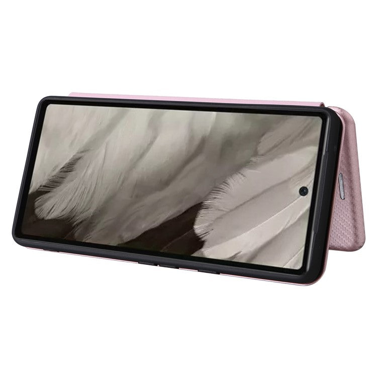 For Google Pixel 7a Carbon Fiber Texture Phone Case Card Slot PU Leather Magnetic Auto-absorbed Stand Cover - Rose Gold