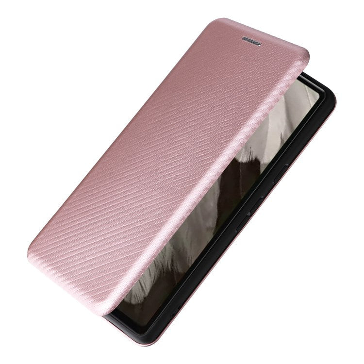 For Google Pixel 7a Carbon Fiber Texture Phone Case Card Slot PU Leather Magnetic Auto-absorbed Stand Cover - Rose Gold