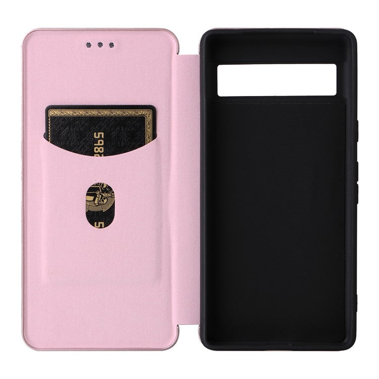 For Google Pixel 7a Carbon Fiber Texture Phone Case Card Slot PU Leather Magnetic Auto-absorbed Stand Cover - Rose Gold