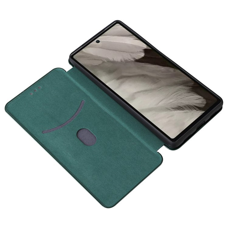 For Google Pixel 7a Carbon Fiber Texture Phone Case Card Slot PU Leather Magnetic Auto-absorbed Stand Cover - Green