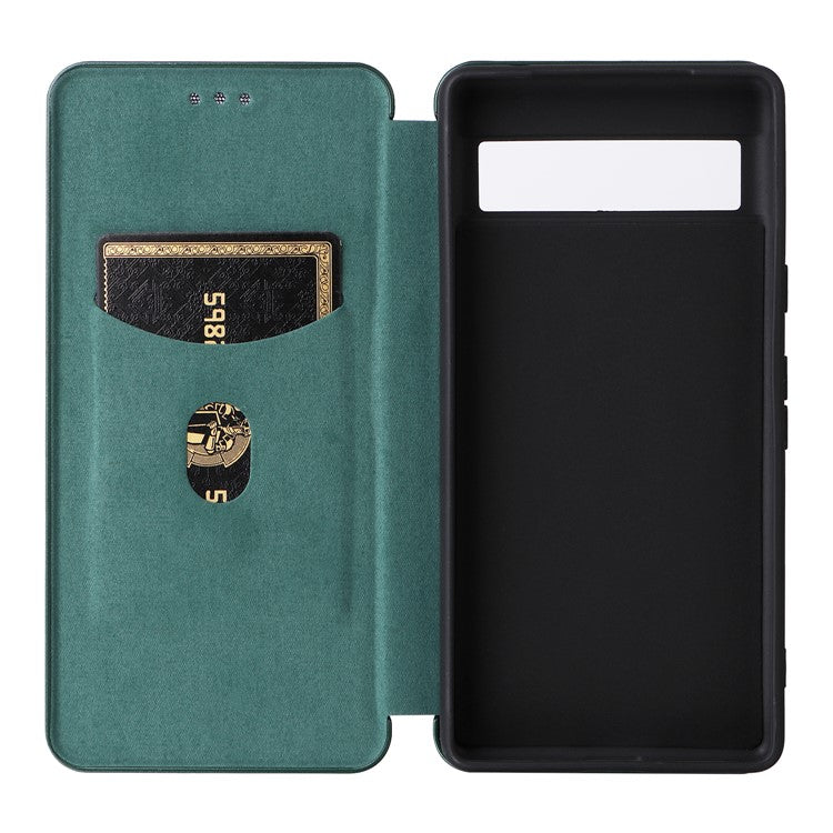 For Google Pixel 7a Carbon Fiber Texture Phone Case Card Slot PU Leather Magnetic Auto-absorbed Stand Cover - Green