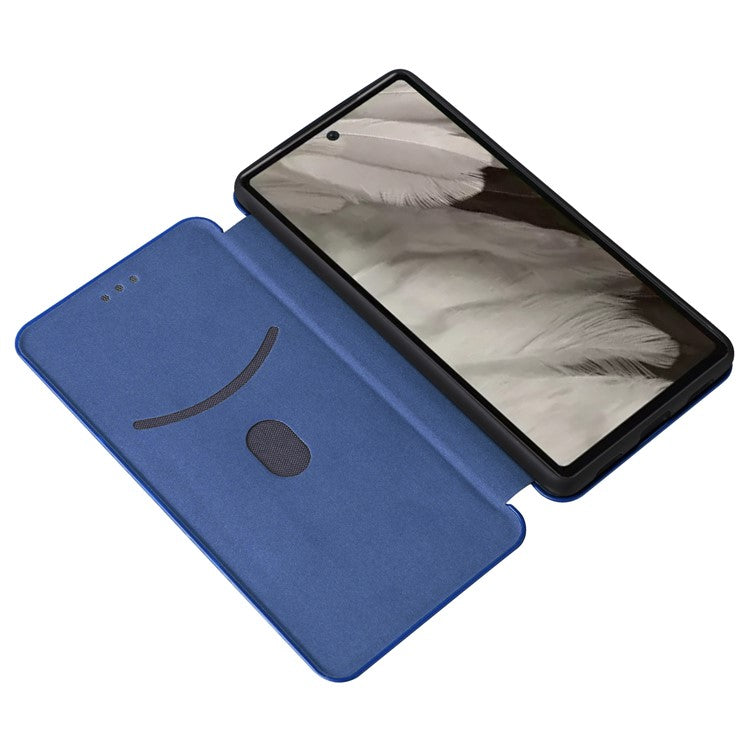 For Google Pixel 7a Carbon Fiber Texture Phone Case Card Slot PU Leather Magnetic Auto-absorbed Stand Cover - Blue