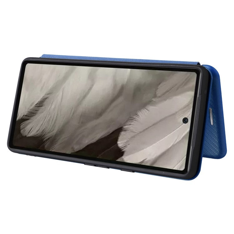 For Google Pixel 7a Carbon Fiber Texture Phone Case Card Slot PU Leather Magnetic Auto-absorbed Stand Cover - Blue