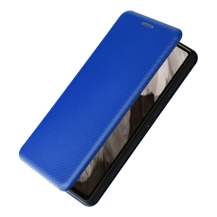 For Google Pixel 7a Carbon Fiber Texture Phone Case Card Slot PU Leather Magnetic Auto-absorbed Stand Cover - Blue