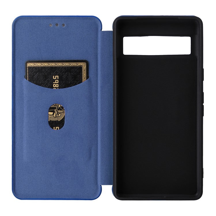 For Google Pixel 7a Carbon Fiber Texture Phone Case Card Slot PU Leather Magnetic Auto-absorbed Stand Cover - Blue