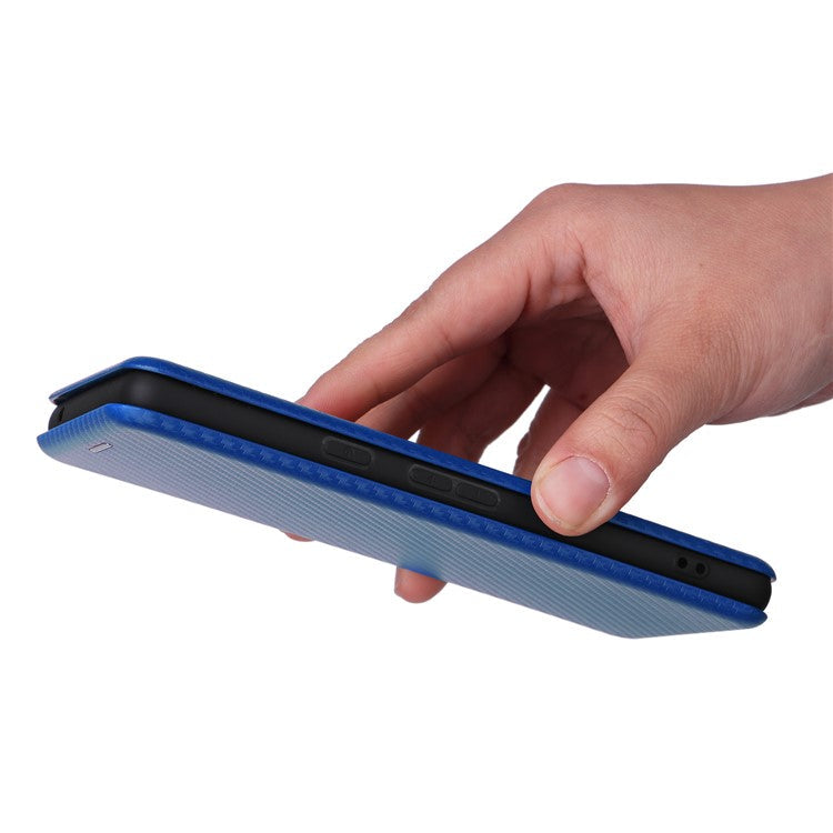 For Google Pixel 7a Carbon Fiber Texture Phone Case Card Slot PU Leather Magnetic Auto-absorbed Stand Cover - Blue