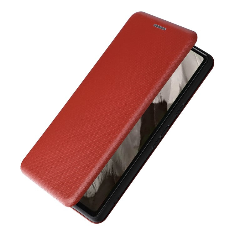 For Google Pixel 7a Carbon Fiber Texture Phone Case Card Slot PU Leather Magnetic Auto-absorbed Stand Cover - Brown