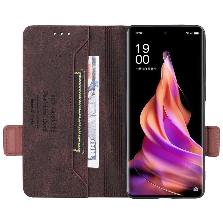 Scratch Proof Phone Cover for Oppo Reno9 5G / Reno9 Pro 5G, Hardware Decor Dual Magnetic Clasp Wallet Hands-free Stand PU Leather Phone Case - Coffee