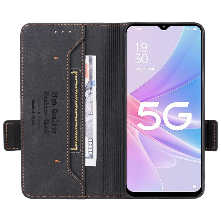 Shockproof Phone Cover for Oppo A58 5G, Hardware Decor Dual Magnetic Clasp Wallet Hands-free Stand PU Leather Phone Case - Black