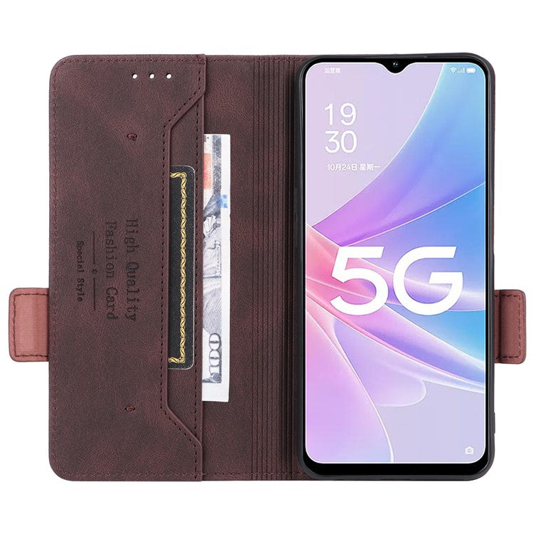 Shockproof Phone Cover for Oppo A58 5G, Hardware Decor Dual Magnetic Clasp Wallet Hands-free Stand PU Leather Phone Case - Coffee