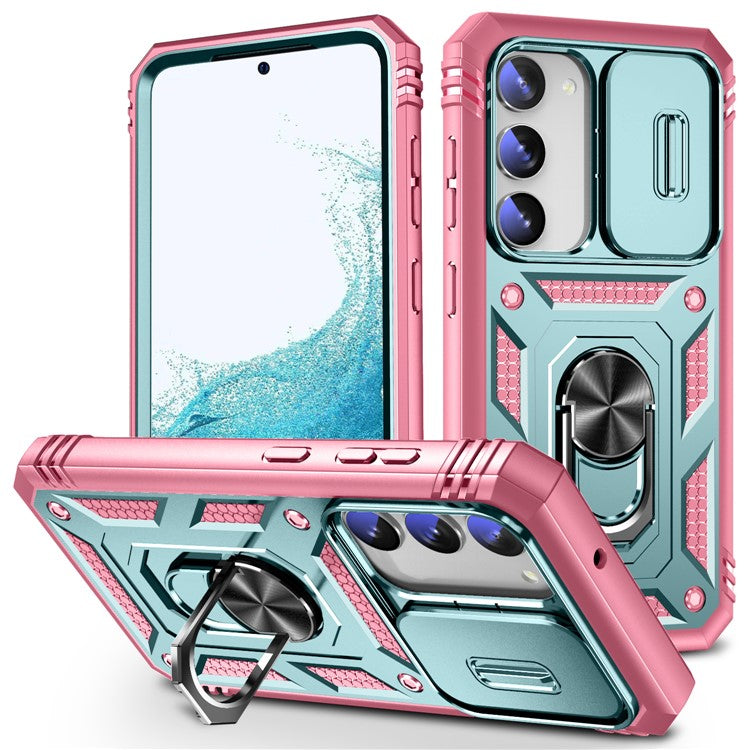 For Samsung Galaxy S23+ Anti-fall Phone Case with Ring Kickstand Card Holder Phone Back Cover with Sliding Camera Lid - Green / Pink