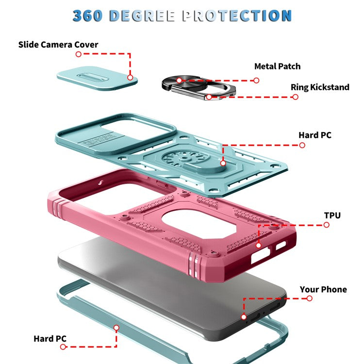 For Samsung Galaxy S23+ Anti-fall Phone Case with Ring Kickstand Card Holder Phone Back Cover with Sliding Camera Lid - Green / Pink
