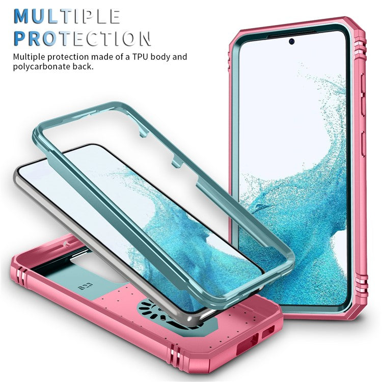For Samsung Galaxy S23+ Anti-fall Phone Case with Ring Kickstand Card Holder Phone Back Cover with Sliding Camera Lid - Green / Pink