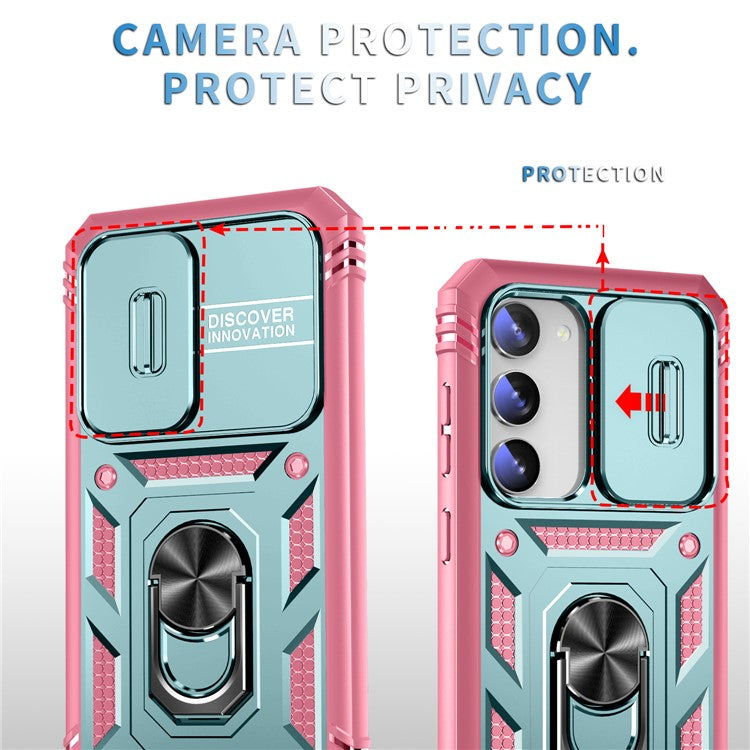 For Samsung Galaxy S23+ Anti-fall Phone Case with Ring Kickstand Card Holder Phone Back Cover with Sliding Camera Lid - Green / Pink